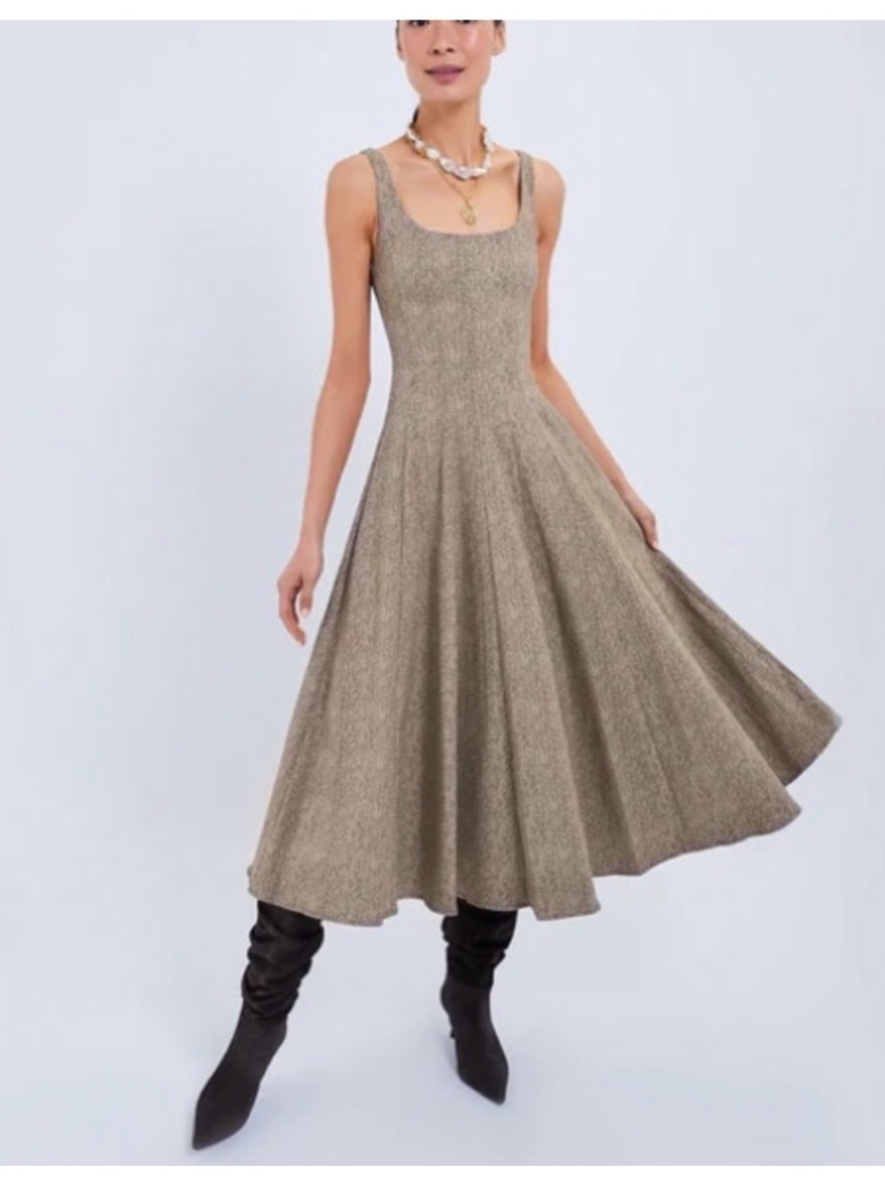 STAUD Scoop-Neck Midi Dress in Taupe